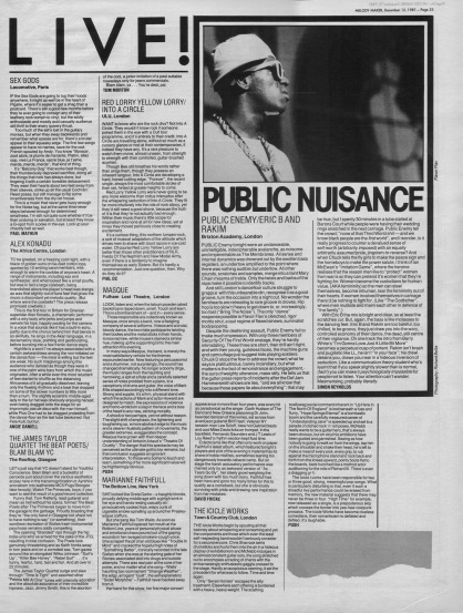 Public Enemy live at the Brixton Academy and other live reviews, 12th December 1987